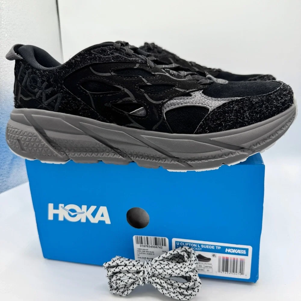 NWT Hoka Clifton Elite Terrain System L Suede Leather Black Grey Unisex Sneakers - Picture 4 of 16